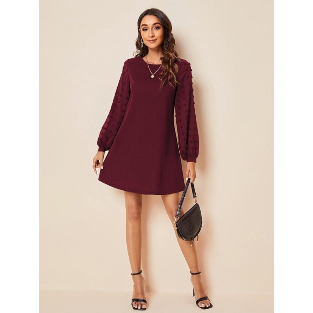 SweatyRocks Women's Elegant Mesh Long Sleeve A Line Mini Dress Burgandy
